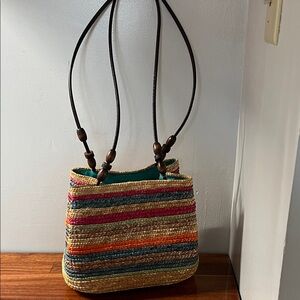Woven Multi-Color Straw Tote with Leather Strap